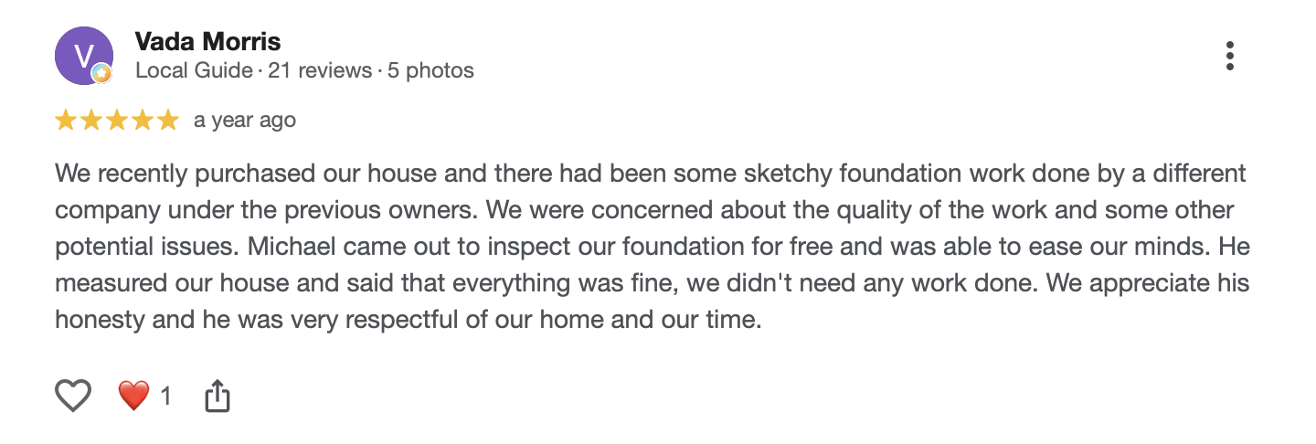 Google review from Vada Morris praising an honest free inspection