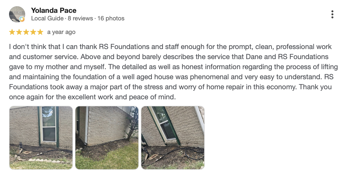 Google review from Yolanda Pace praising RS Foundations